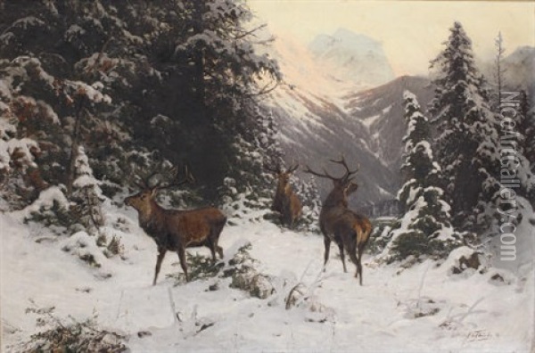 Falscher Wind - Hirsche Im Winter Oil Painting - Arthur (Julius) Thiele