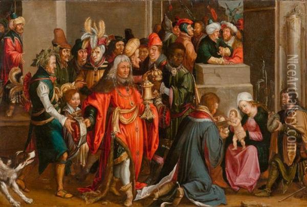 Anbetung Der Heiligen Drei Konige. Oil Painting - Lucas Van Leyden