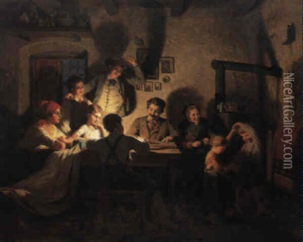 Zitherspiel Am Abend In Der Bauernstube Oil Painting - Anton Ebert