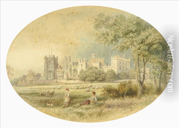 Raby Castle, Co. Durham, With Children, Dog And Sheep Oil Painting - Myles Birket Foster
