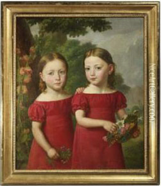 Bildnis Zweier Geschwister In Roten Kleidern Mit Blumen Oil Painting - Sebastian Weygandt