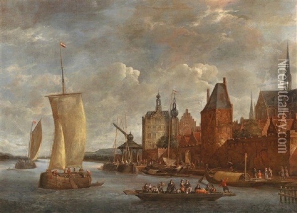 A View Of Bonn With A Ferryboat And Sailing Ships On The Rhine Oil Painting - Johannes Storck