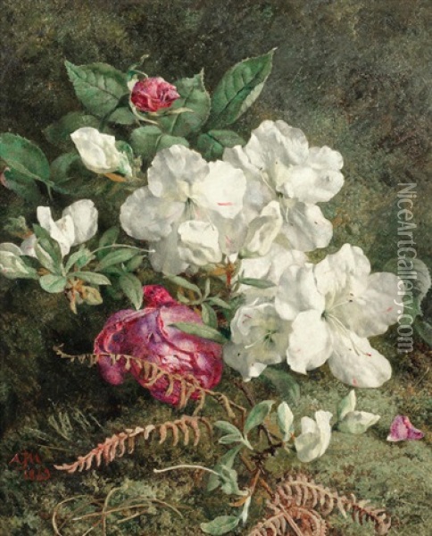 Blossom And Roses On A Mossy Bank, A Wild Bouquet With Orchids; A Pair Oil Painting - Anne Ferray Mutrie