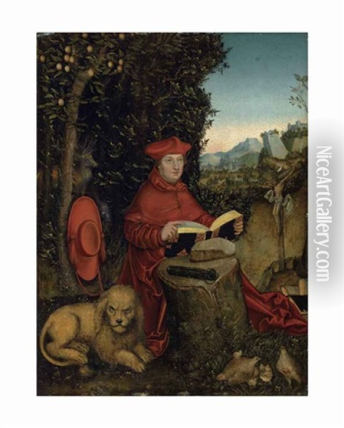Cardinal Albrecht Von Brandenburg As Saint Jerome In A Landscape Oil Painting - Lucas Cranach the Elder