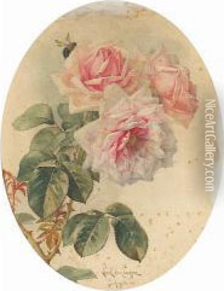 Pink Roses And A Bumblebee Oil Painting - Paul De Longpre