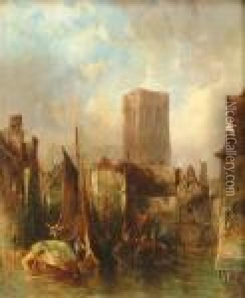 Harbour Withchurch Tower Beyond Oil Painting - Alfred Montague