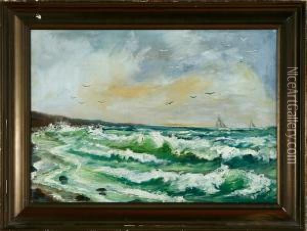 A Coastal Scenery With High Breakers. Signed E. Fischer Oil Painting - Edmund Fischer