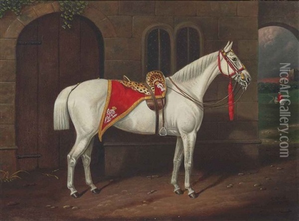 A Grey Charger With A Scarlet And Leopardskin Regimental Shabraque Embroidered Vr Oil Painting - Edward Corbet