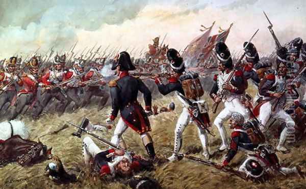 The 3rd Regiment of Foot Guards repulsing the final charge of the old Guard at the Battle of Waterloo, 18th June 1815 Oil Painting - Richard Simkin