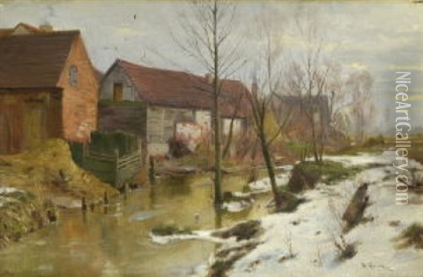 Bauernhauser Am Fluss Bei Schneeschmelze Oil Painting - Walter Moras