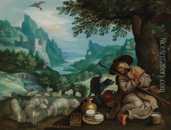 A Rocky River Landscape With The Hermit Wendelin Of Trier Oil Painting - Jan Brueghel the Elder