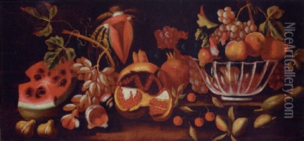 A Watermelon, Grapes, Figs And A Bowl With Peaches And Other Fruit On A Ledge Oil Painting - Michelangelo di Campidoglio