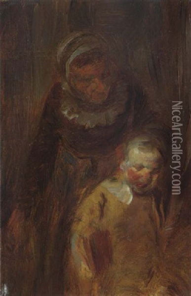 Frau Einen Jungen Am Ohr Ziehend Oil Painting - Wilhelm Busch