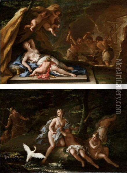Venere Nella Fucina Di Vulcano; Diana E Atteone Oil Painting - Giovan Battista Lama