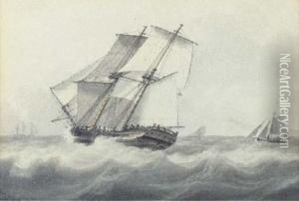 Brigs On High Seas Oil Painting - Samuel Atkins