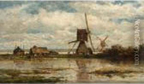 Two Windmills And A Farmhouse In A Polder Landscape Oil Painting - Willem Roelofs