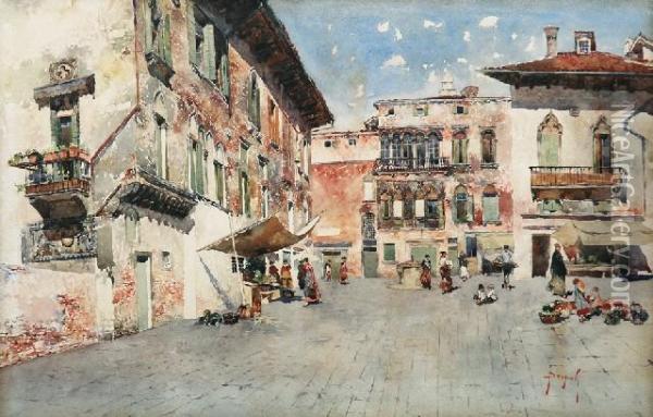 Italian Piazza Oil Painting - Emanuele Brugnoli