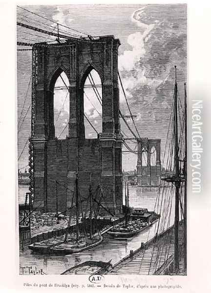 Brooklyn Bridge Under Construction, drawn after a photograph, 1878 Oil Painting - T. Taylor