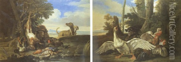 Chien Chassant Une Oie Et Des Coqs Oil Painting - David de Coninck