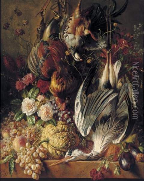 Flowers, Fruits And Poultry On A Ledge Oil Painting - Georgius Jacobus Johannes van Os