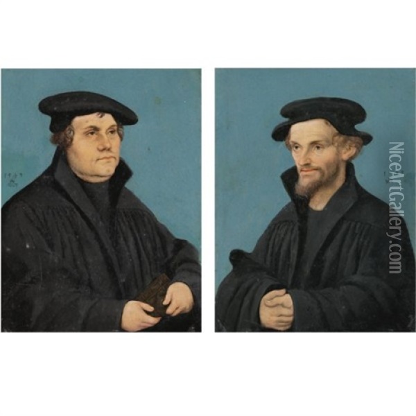 Portrait Of Martin Luther (+ Portrait Of Philip Melanchthon; Pair) Oil Painting - Lucas Cranach the Elder