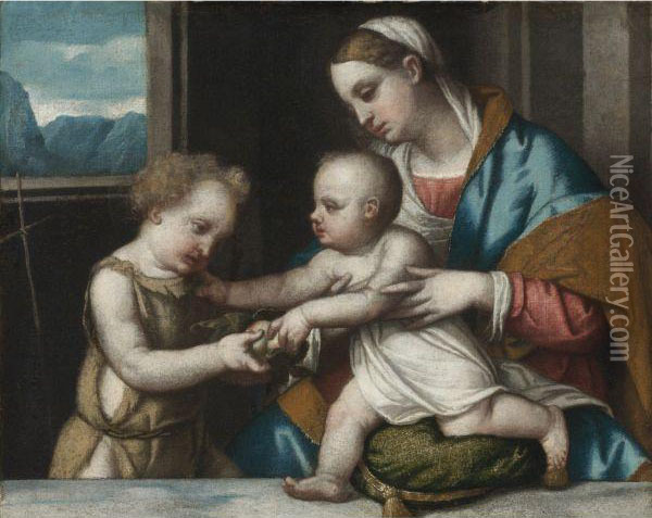 Madonna And Child With The Infant Saint John The Baptist Oil Painting - Alessandro Bonvicino (Moretto da Brescia)