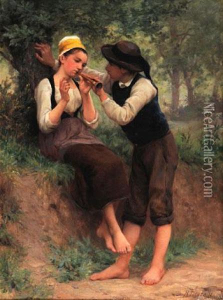 Jeune Couple En Foret Oil Painting - Theophile Louis Deyrolle