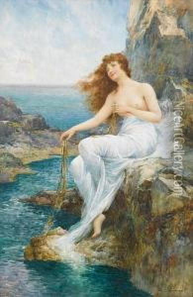 A Sea Maiden Resting On A Rocky Shore Oil Painting - Alfred I Glendening