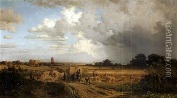 Heuernt In Oberbayern Bei Aufziehendem Gewitter Oil Painting - Adolf Heinrich Lier