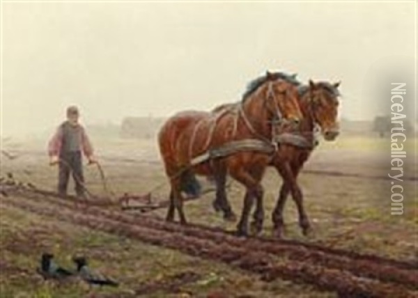 A Plowman With His Horses Oil Painting - Poul Steffensen