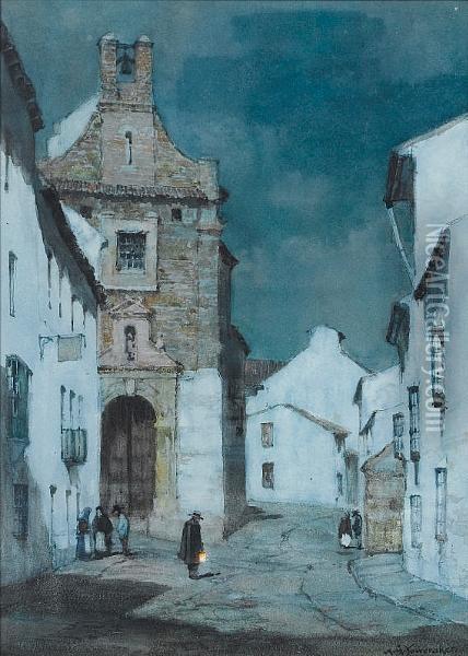 An Evening Street Scene, Spain Oil Painting - Albert Moulton Foweraker
