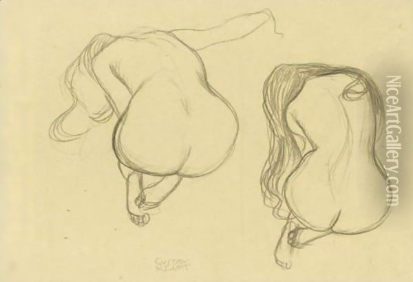 Studies Of A Seated Nude From Behind With Long Hair Oil Painting - Gustav Klimt