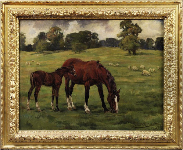 Ambassadress, A Hunter, By Lord Lygon With Her Twentieth Foal Oil Painting - Helena Gleichen