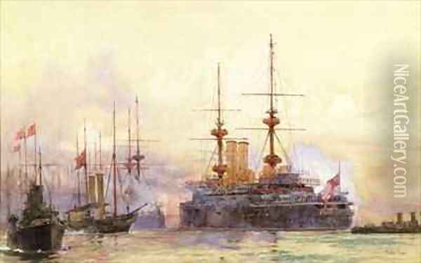 The Prince George at Spithead The Naval Requiem of Queen Victoria Oil Painting - Charles Edward Dixon
