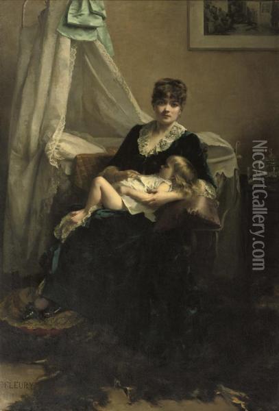 An Elegant Lady In An Interior With Sleeping Child Oil Painting - Fanny-Laurent Fleury