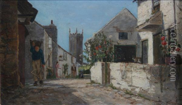 A Village Street Incornwall Oil Painting - Henry Martin