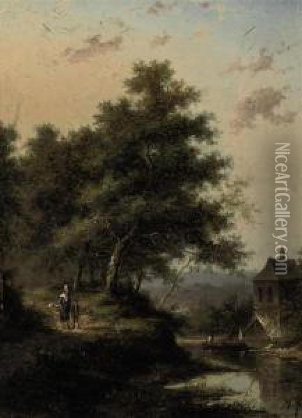 A Forest Landscape With A River And Figures Walking Down Apath Oil Painting - Jan Evert Morel