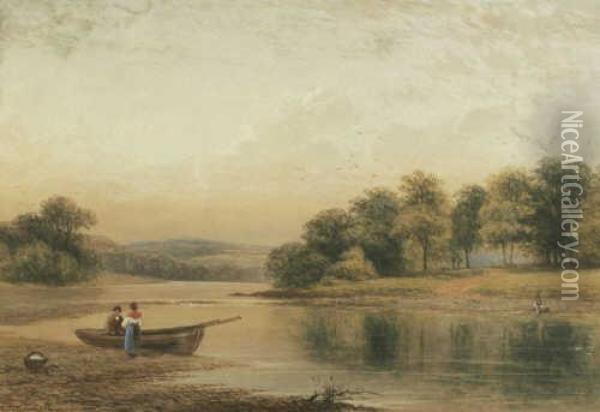 Extensive Landscape With A Lake And Figures Oil Painting - Thomas Harper
