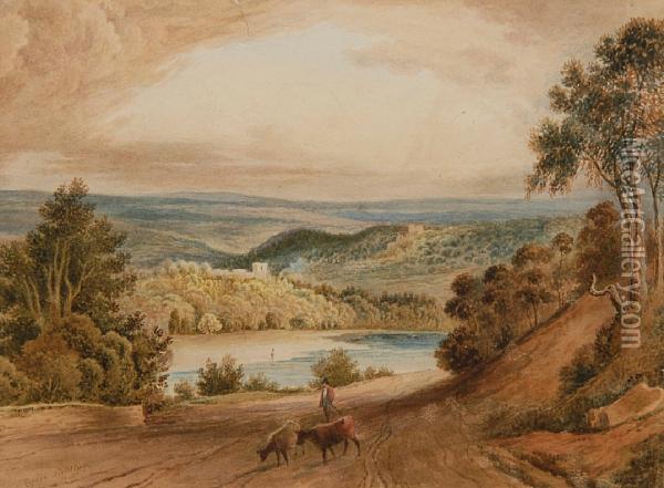 Extensive Landscape With Lake, Figure And Cattle Oil Painting - Anthony Vandyke Copley Fielding
