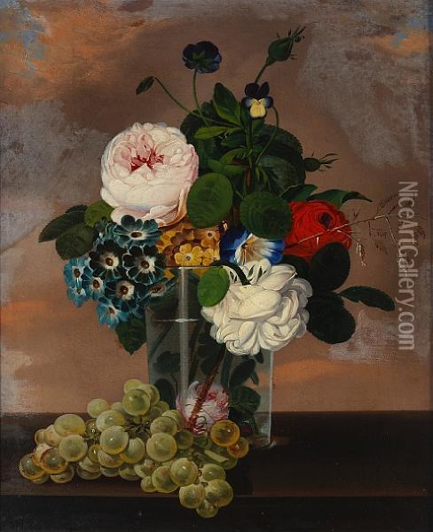 A Still Life Of Flowers In A Glass; Also Acompanion Still Life Oil Painting - F. De Maria