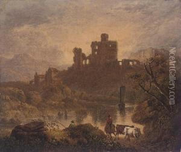 Figures By A River Before A Ruined Castle Oil Painting - Charles Towne