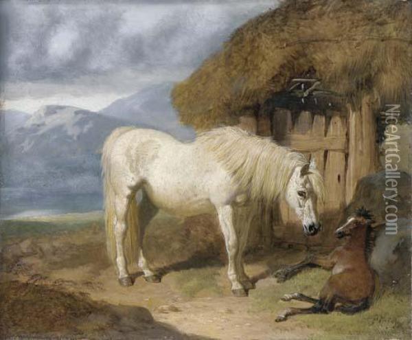 A Mare And Foal By A Bothy Oil Painting - John Frederick Herring Snr