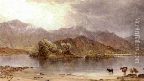 Landscape With Cattle At A Lake's Edge With Mountains In The Background Oil Painting - James Docharty