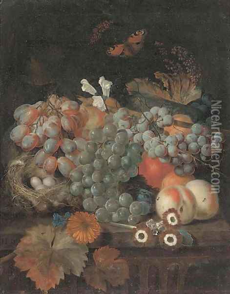 Grapes on the vine, peaches Oil Painting - Jan Baptist Govaerts