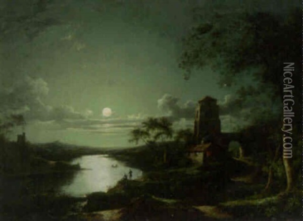 Figures In An Extensive Moonlit River Landscape Oil Painting - Henry Pether