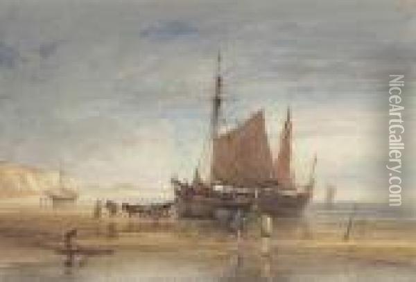 Fishing Boats And Shrimpers On The Shore Oil Painting - Anthony Vandyke Copley Fielding