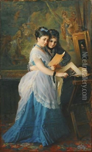 Two Ladies Looking At Prints Oil Painting - Konstantin Egorovich Egorovich Makovsky