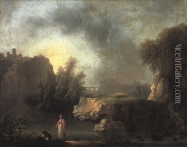 Landskap Med Figurer Vid Vattendrag Oil Painting - Nicolas-Jacques Juliard