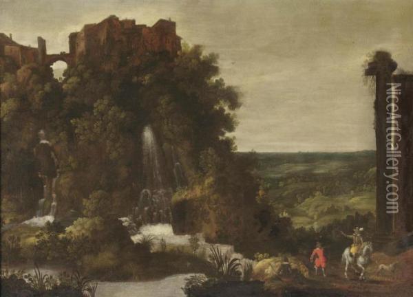 A Landscape With A Waterfall And Elegantly Dressed Travellers On A Path Oil Painting - Johannes Tilens