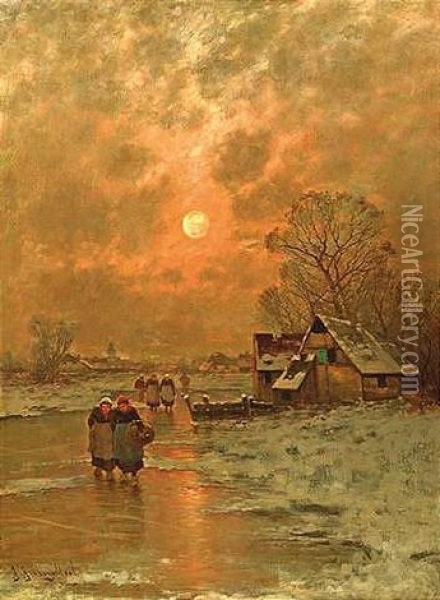 Abendliche Winterlandschaft Mit Heimkehrenden Bauern Oil Painting - Johann Jungblut